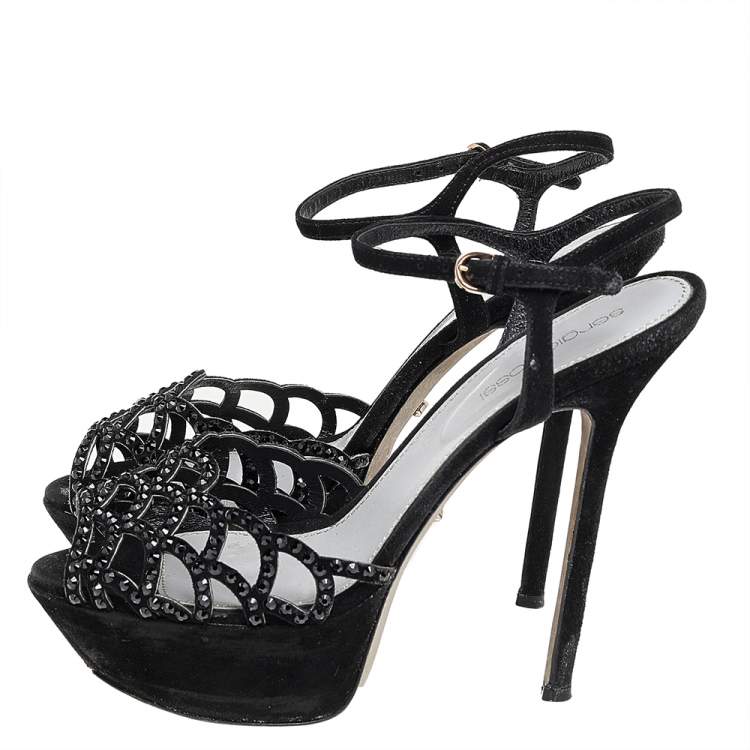 Pre Owned Sergio Rossi Black Suede Crystal Embellished  Ankle Strap Sandals Size 36.5