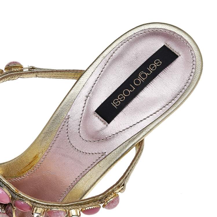 Pre Owned Sergio Rossi Gold Leather Crystal Embellished Sandals Size 39