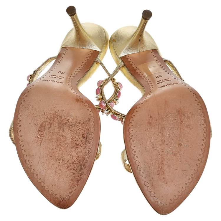 Pre Owned Sergio Rossi Gold Leather Crystal Embellished Sandals Size 39