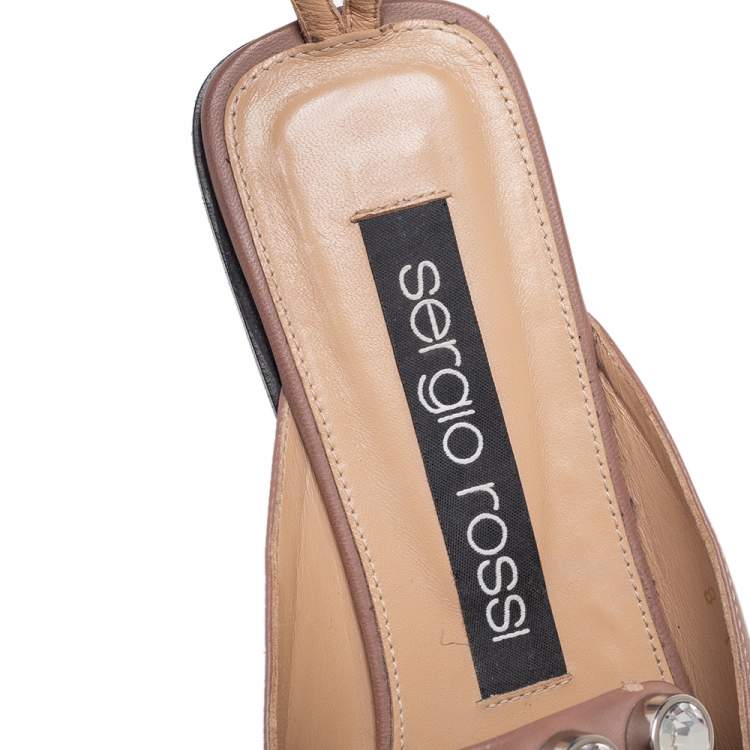 Pre Owned Sergio Rossi Beige Leather Crystal Embellished Ankle Strap Flats Size 38