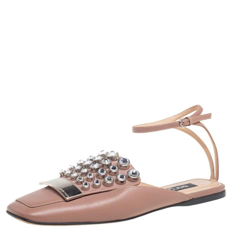 Pre Owned Sergio Rossi Beige Leather Crystal Embellished Ankle Strap Flats Size 38