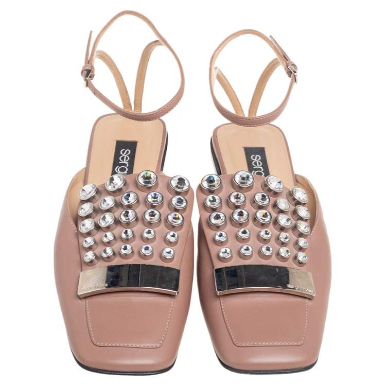 Pre Owned Sergio Rossi Beige Leather Crystal Embellished Ankle Strap Flats Size 38
