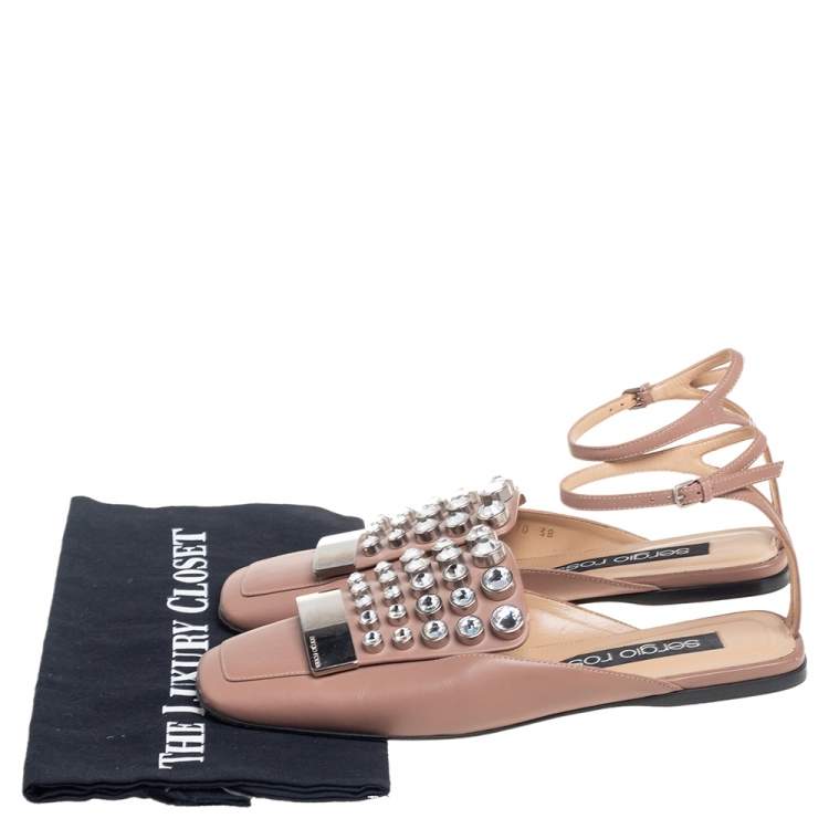 Pre Owned Sergio Rossi Beige Leather Crystal Embellished Ankle Strap Flats Size 38