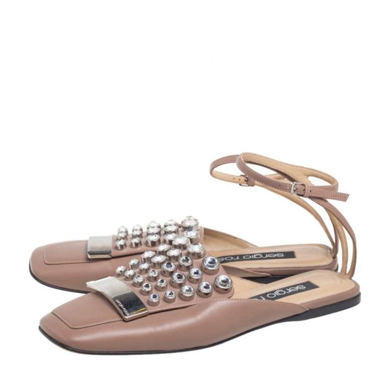 Pre Owned Sergio Rossi Beige Leather Crystal Embellished Ankle Strap Flats Size 38