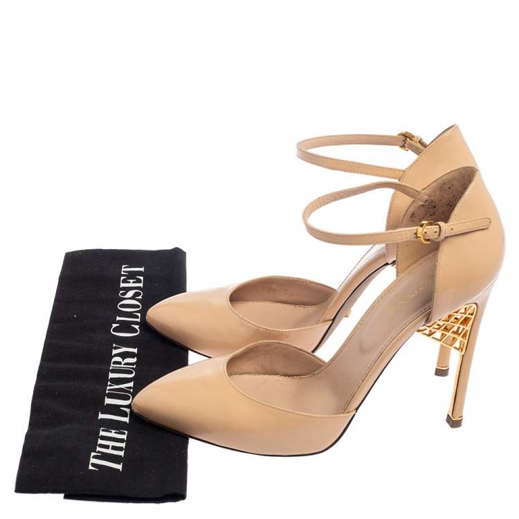 Pre Owned Gianvito Rossi Beige Patent Leather Ankle Strap D'orsay Pumps Size 38