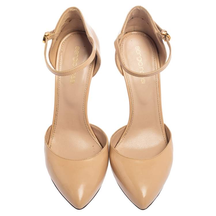 Pre Owned Gianvito Rossi Beige Patent Leather Ankle Strap D'orsay Pumps Size 38