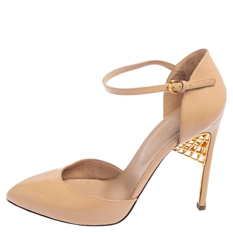 Pre Owned Gianvito Rossi Beige Patent Leather Ankle Strap D'orsay Pumps Size 38