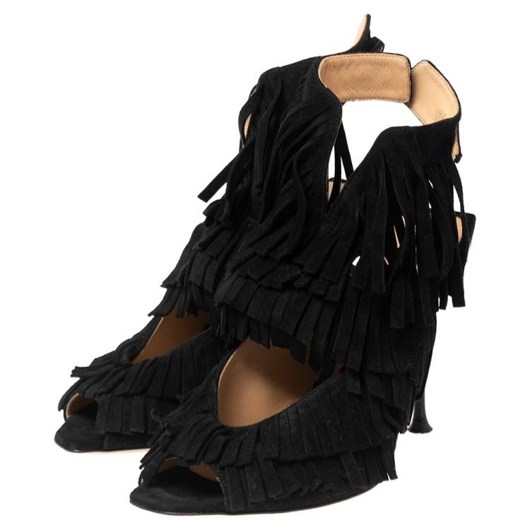 مملوكة مسبقًا Sergio Rossi Black Suede Cut Out Fringe Sandals Size 38