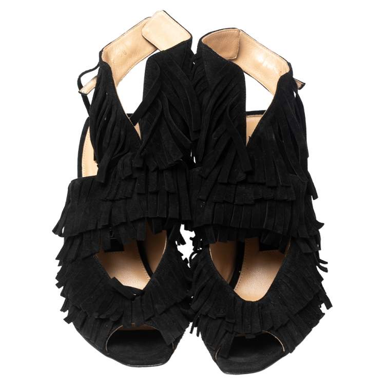 مملوكة مسبقًا Sergio Rossi Black Suede Cut Out Fringe Sandals Size 38