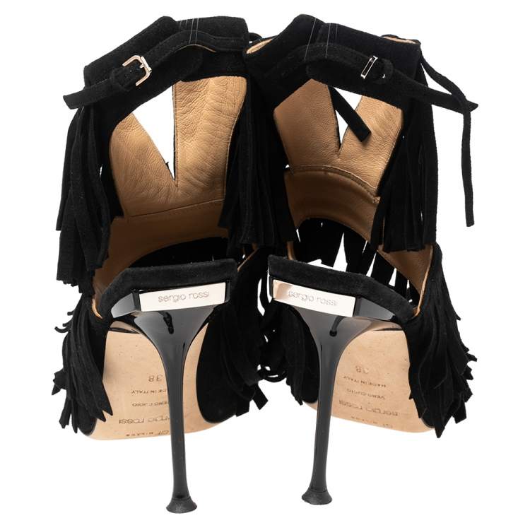 مملوكة مسبقًا Sergio Rossi Black Suede Cut Out Fringe Sandals Size 38