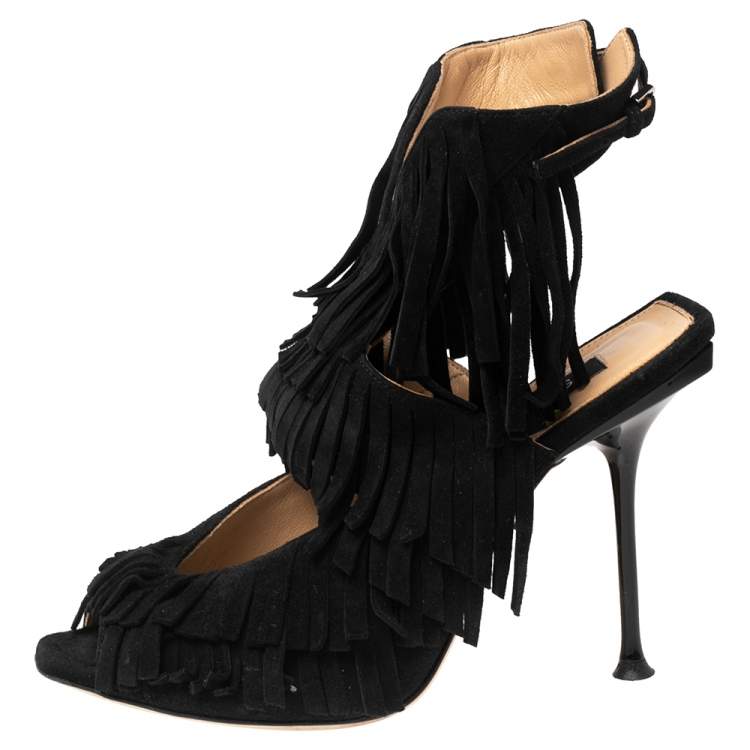 مملوكة مسبقًا Sergio Rossi Black Suede Cut Out Fringe Sandals Size 38