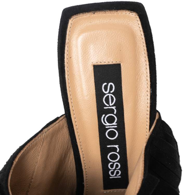 مملوكة مسبقًا Sergio Rossi Black Suede Cut Out Fringe Sandals Size 38