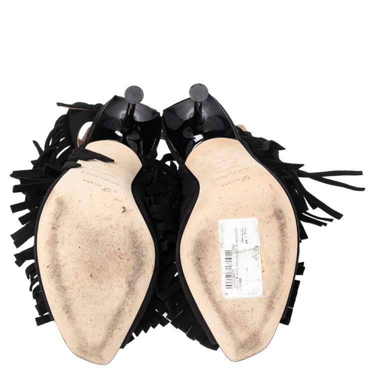 مملوكة مسبقًا Sergio Rossi Black Suede Cut Out Fringe Sandals Size 38