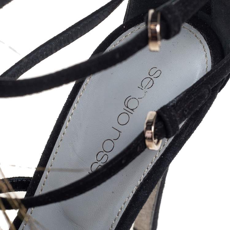 Pre Owned Sergio Rossi Black Suede Crystal And Peacock Embellished Platform Sandals Size 38