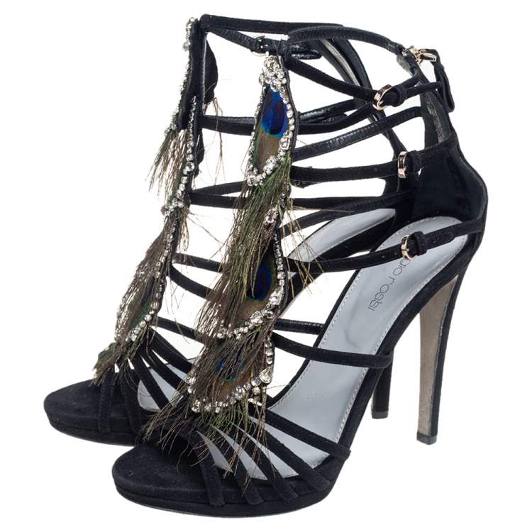 Pre Owned Sergio Rossi Black Suede Crystal And Peacock Embellished Platform Sandals Size 38