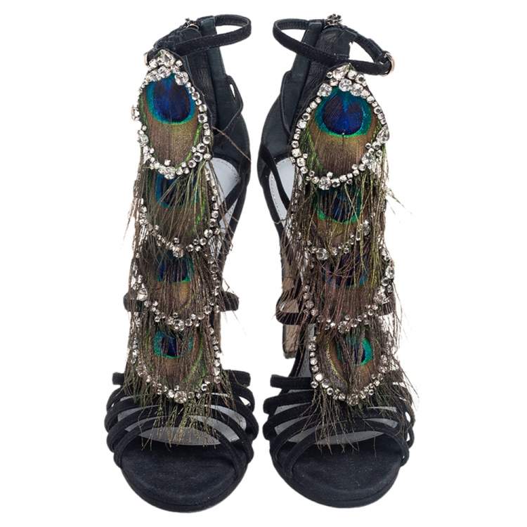 Pre Owned Sergio Rossi Black Suede Crystal And Peacock Embellished Platform Sandals Size 38
