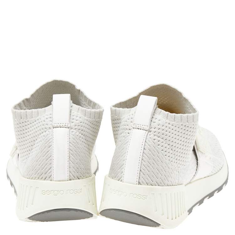 Pre Owned Sergio Rossi White Stretch Knit Slip On Sneakers Size 37