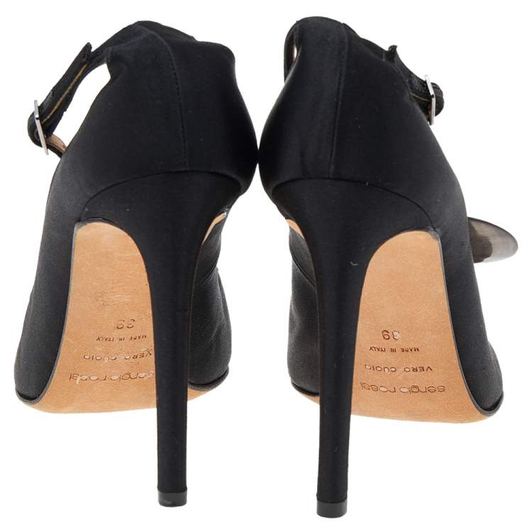 Pre Owned Sergio Rossi Black Satin Pointed Toe Ankle Strap Sandals Size 39