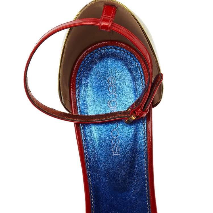 Pre Owned Sergio Rossi Multicolor Patent Leather Ankle Strap Wedge Sandals Size 39