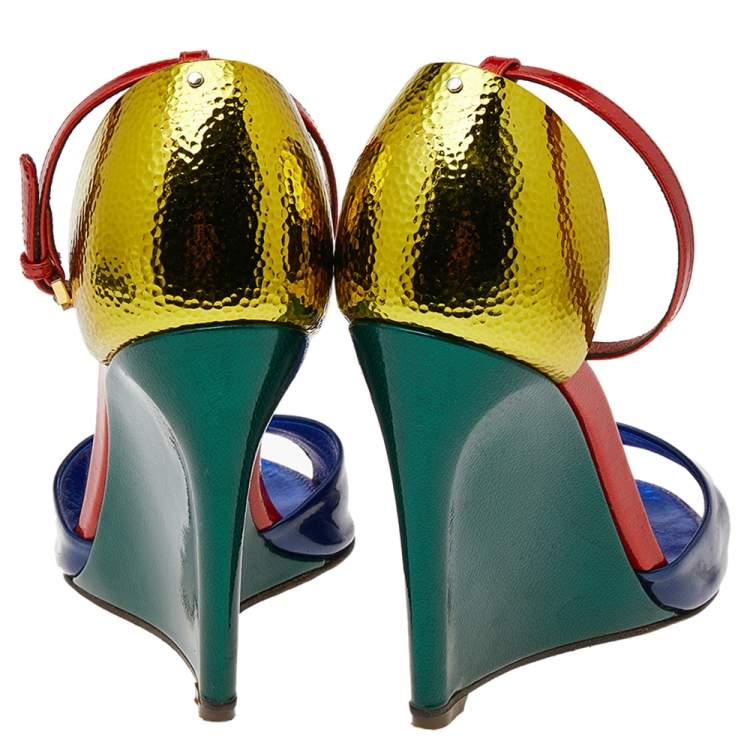 Pre Owned Sergio Rossi Multicolor Patent Leather Ankle Strap Wedge Sandals Size 39