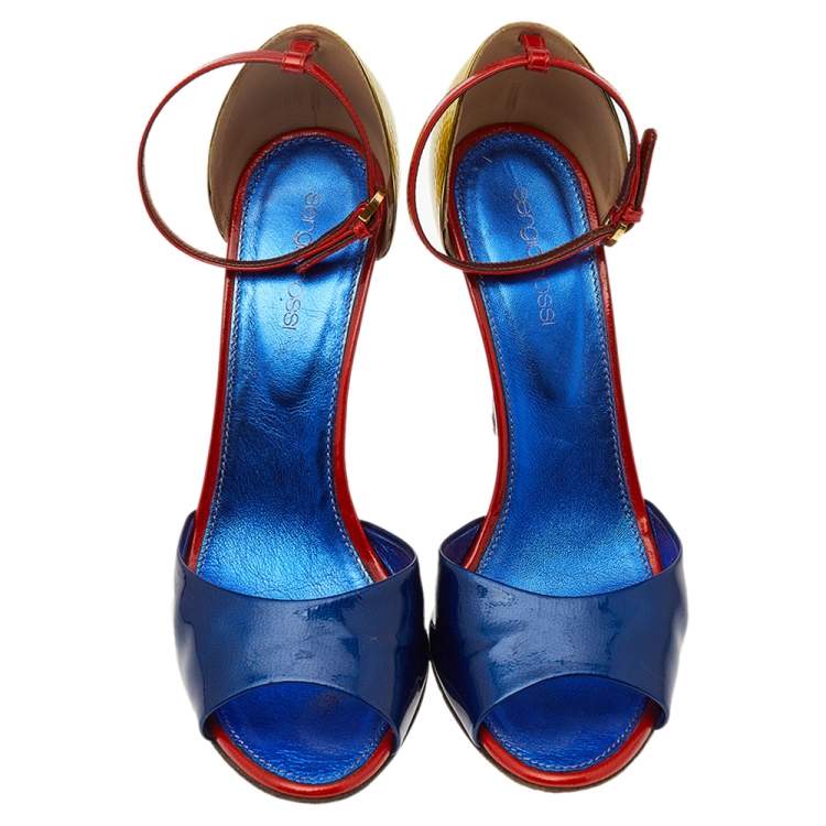 Pre Owned Sergio Rossi Multicolor Patent Leather Ankle Strap Wedge Sandals Size 39