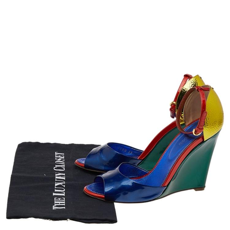 Pre Owned Sergio Rossi Multicolor Patent Leather Ankle Strap Wedge Sandals Size 39