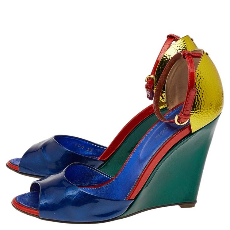 Pre Owned Sergio Rossi Multicolor Patent Leather Ankle Strap Wedge Sandals Size 39