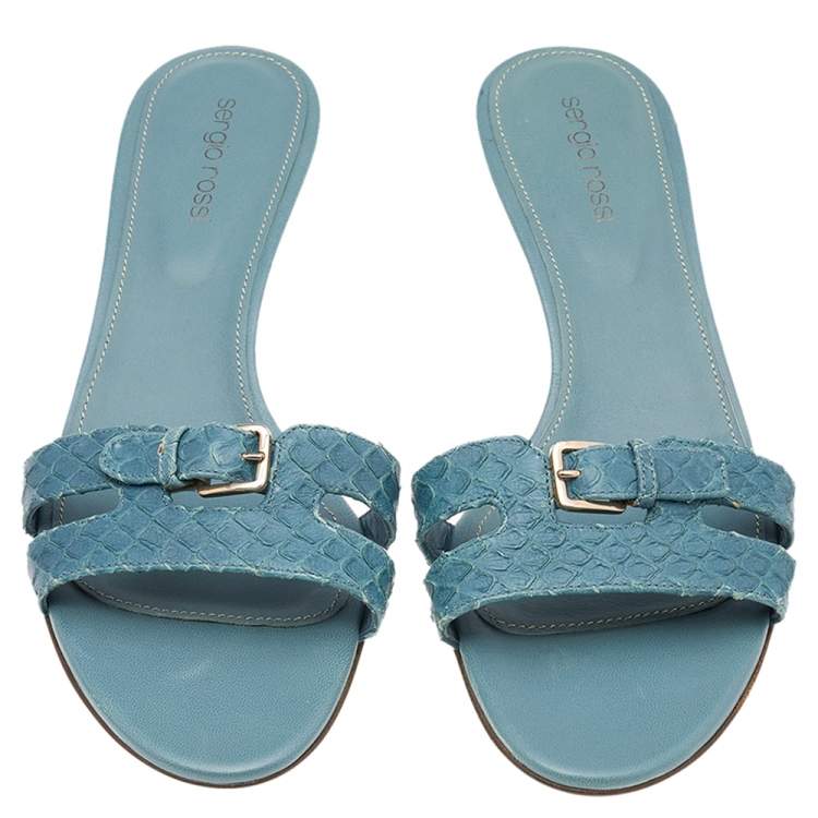 Pre Owned Sergio Rossi Blue Python Embossed Leather Buckle Detail Slide Sandals Size 38.5