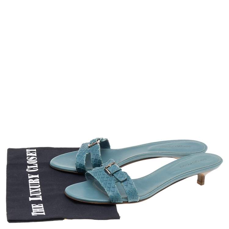 Pre Owned Sergio Rossi Blue Python Embossed Leather Buckle Detail Slide Sandals Size 38.5