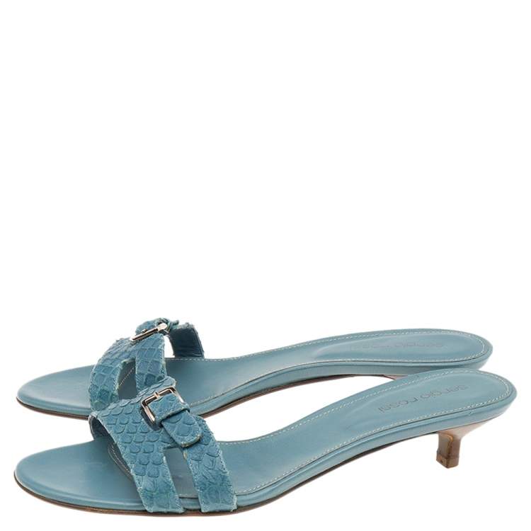 Pre Owned Sergio Rossi Blue Python Embossed Leather Buckle Detail Slide Sandals Size 38.5