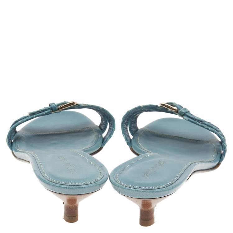 Pre Owned Sergio Rossi Blue Python Embossed Leather Buckle Detail Slide Sandals Size 38.5