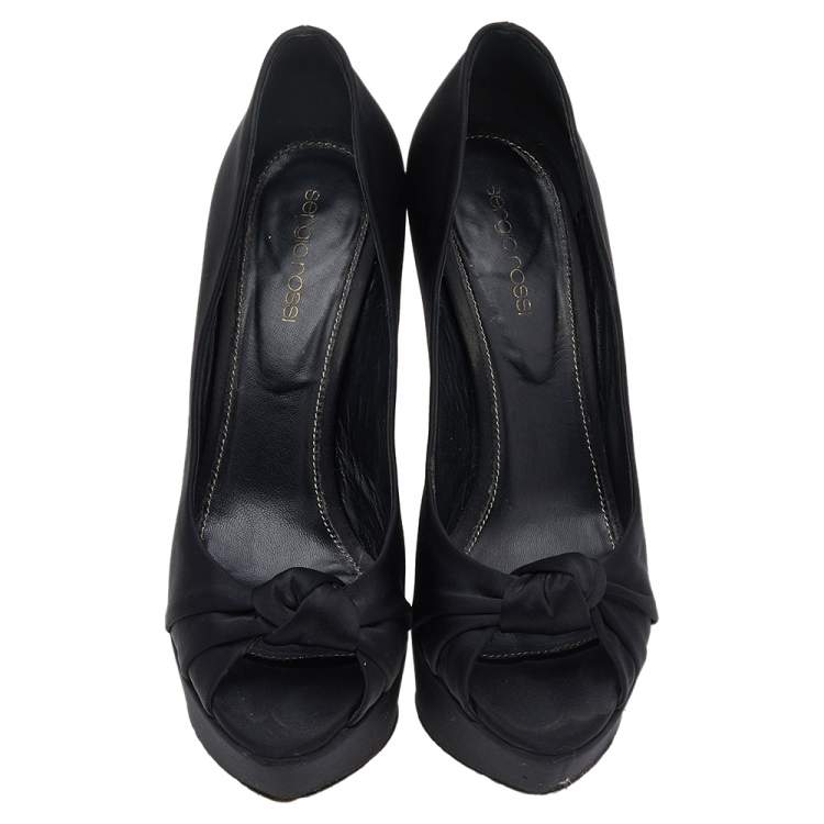 Pre Owned Sergio Rossi Black Satin Knotted Peep Toe Platform Pumps Size 38