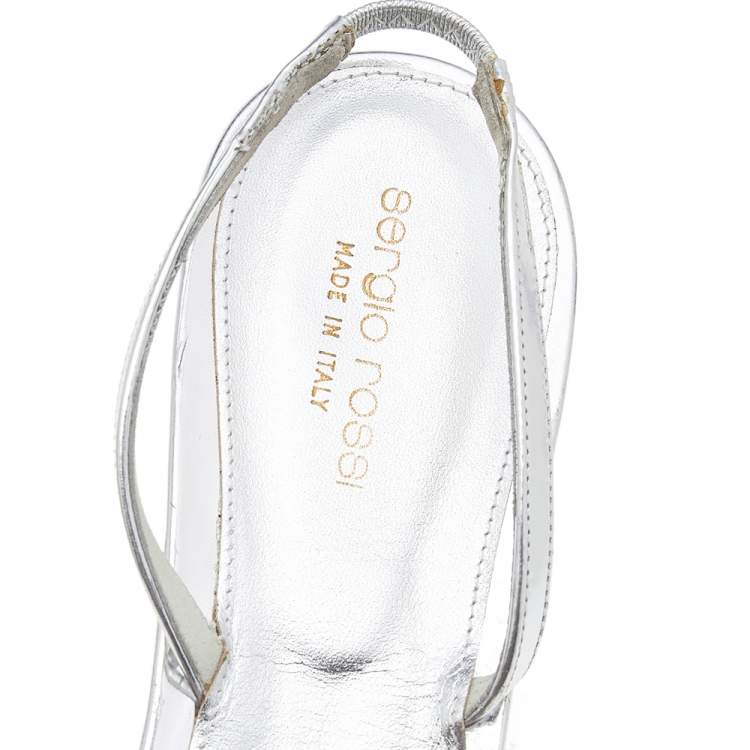 Pre Owned Sergio Rossi Grey/Silver Patent Leather And Satin Slingback Sandals Size 41