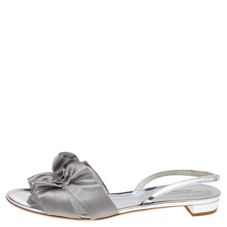 Pre Owned Sergio Rossi Grey/Silver Patent Leather And Satin Slingback Sandals Size 41