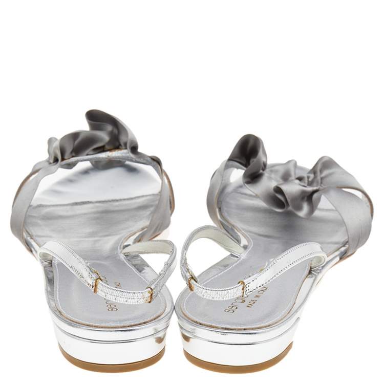Pre Owned Sergio Rossi Grey/Silver Patent Leather And Satin Slingback Sandals Size 41