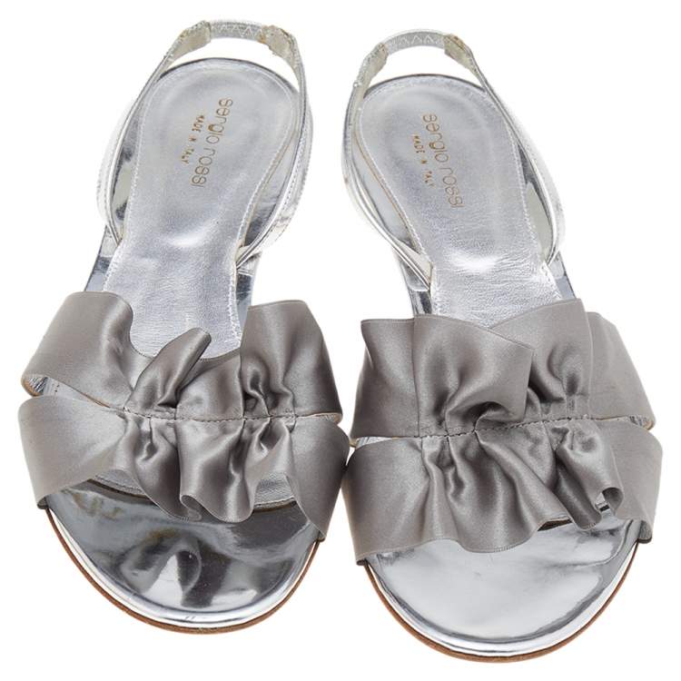 Pre Owned Sergio Rossi Grey/Silver Patent Leather And Satin Slingback Sandals Size 41