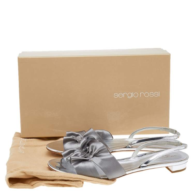 Pre Owned Sergio Rossi Grey/Silver Patent Leather And Satin Slingback Sandals Size 41
