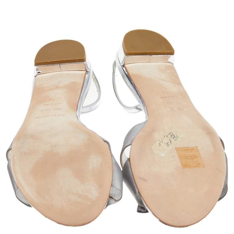 Pre Owned Sergio Rossi Grey/Silver Patent Leather And Satin Slingback Sandals Size 41