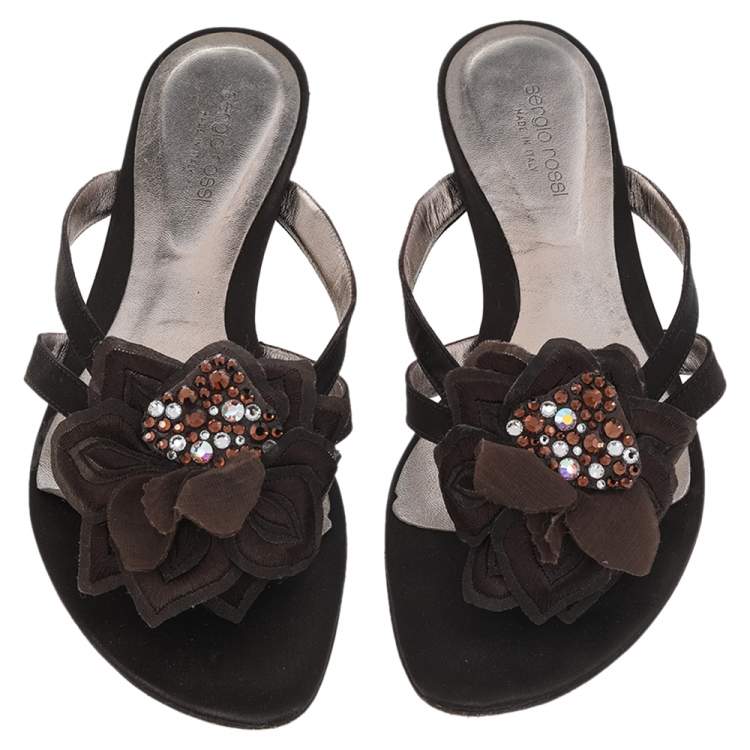 Pre Owned Sergio Rossi Brown Satin Floral Embellished Sandals Size 41