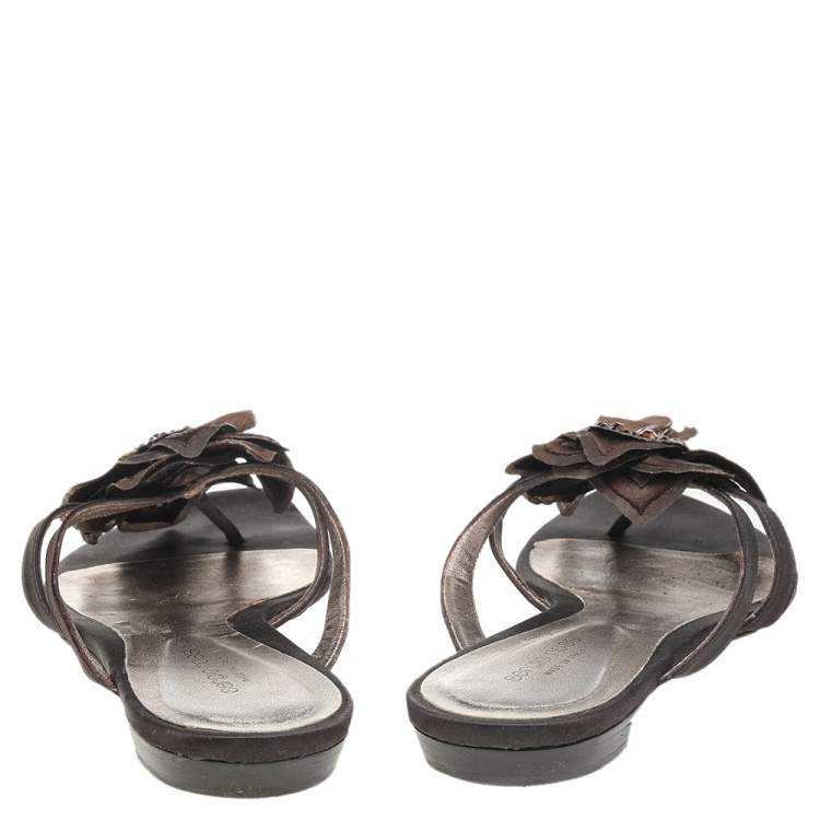 Pre Owned Sergio Rossi Brown Satin Floral Embellished Sandals Size 41