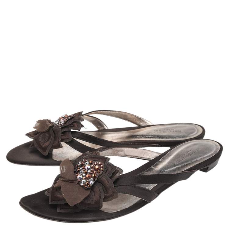 Pre Owned Sergio Rossi Brown Satin Floral Embellished Sandals Size 41