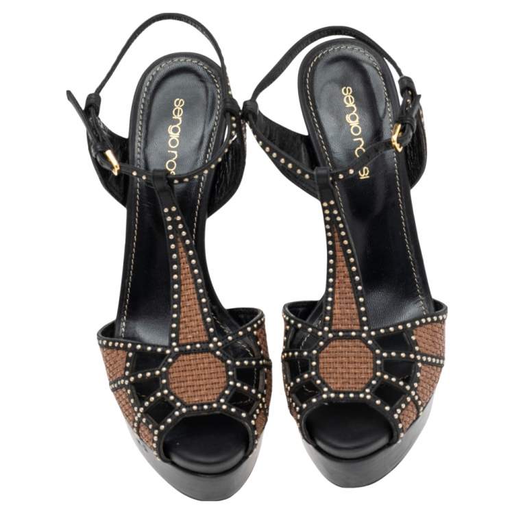 Pre Owned Sergio Rossi Brown/Black  Leather Platform Ankle Strap Sandals Size 37