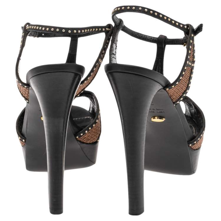 Pre Owned Sergio Rossi Brown/Black  Leather Platform Ankle Strap Sandals Size 37