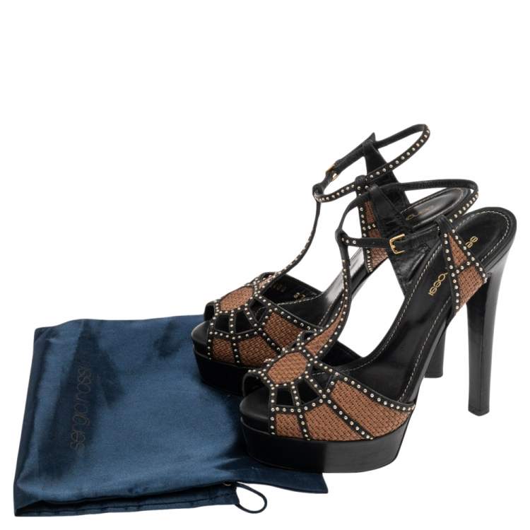 Pre Owned Sergio Rossi Brown/Black  Leather Platform Ankle Strap Sandals Size 37