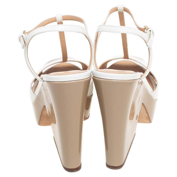 Pre Owned Sergio Rossi Beige/White Patent Leather T-Strap Platform Sandals Size 38