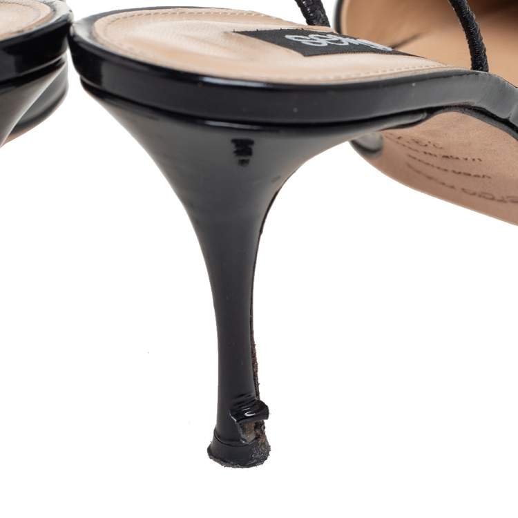 Pre Owned Sergio Rossi Black Patent Leather Pointed-Toe Slingback Sandals Size 39.5