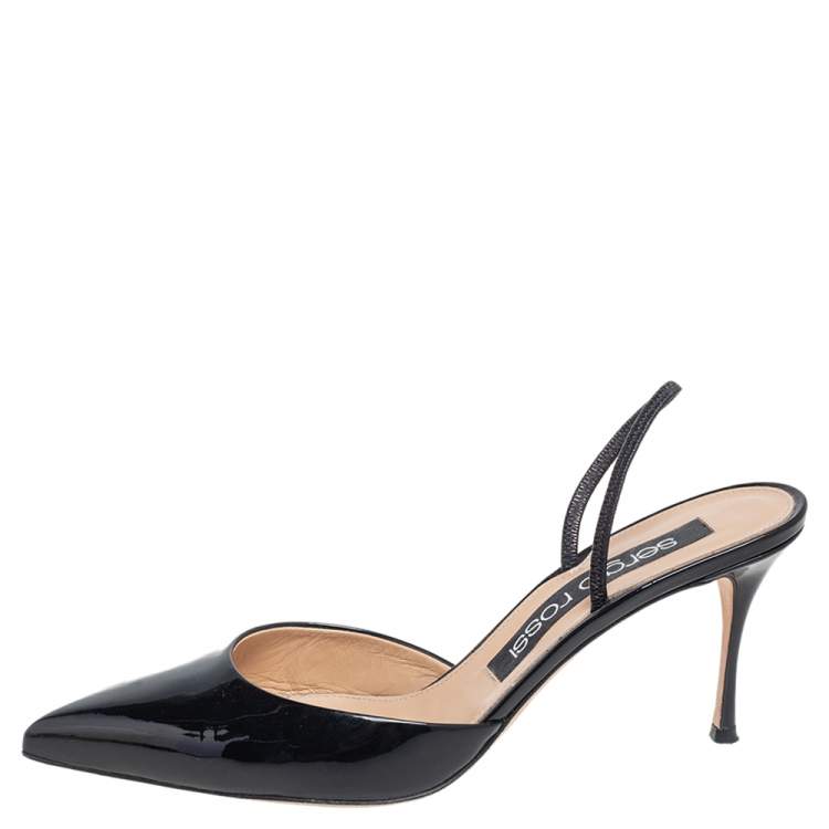 Sergio Rossi Black Patent Leather Pointed-Toe Slingback Sandals