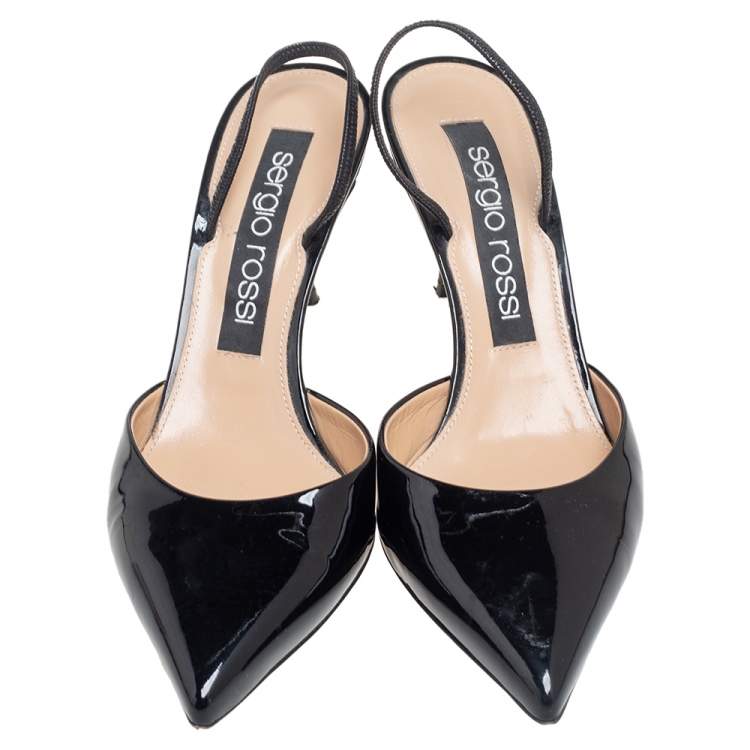 Pre Owned Sergio Rossi Black Patent Leather Pointed-Toe Slingback Sandals Size 39.5