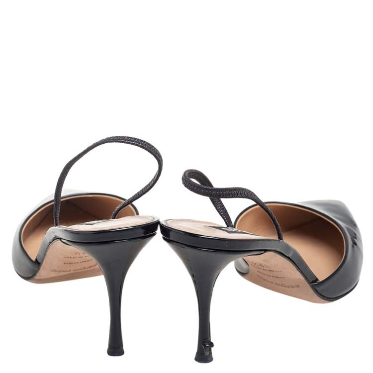 Pre Owned Sergio Rossi Black Patent Leather Pointed-Toe Slingback Sandals Size 39.5