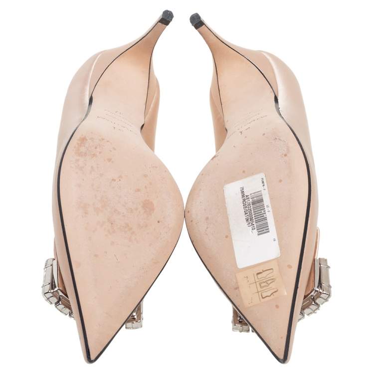 Pre Owned Sergio Rossi Beige Satin Crystal Embellished Pumps Size 37